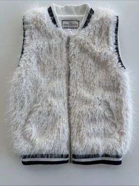 AMERICAN WIDGEON NORDSTROM Ivory Faux Fur Zip Vest with Black Trim, size 10